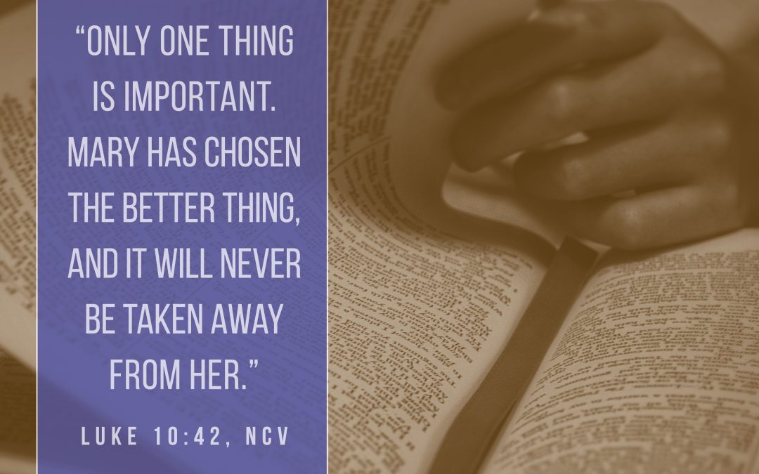 "Only one thing is important. Mary has chosen the better thing, and it will never be taken away from her." Luke 10:42 (NCV)