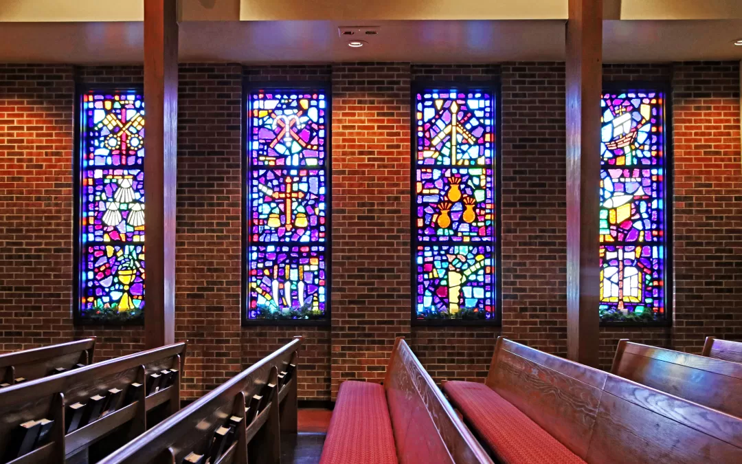 Photo of Hope Lutheran Church stained glass windows taken by Paula Anderson.