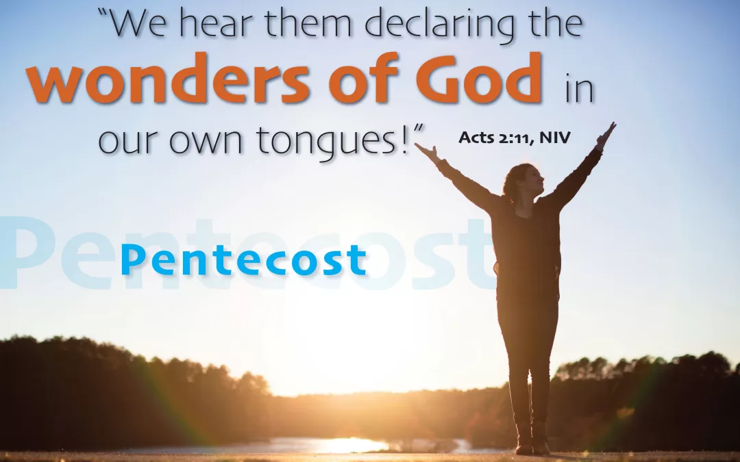 Woman rejoicing with overlay scripture: "We hear them declaring the wonders of God in our owne tonues!" Acts 2:11, NIV
