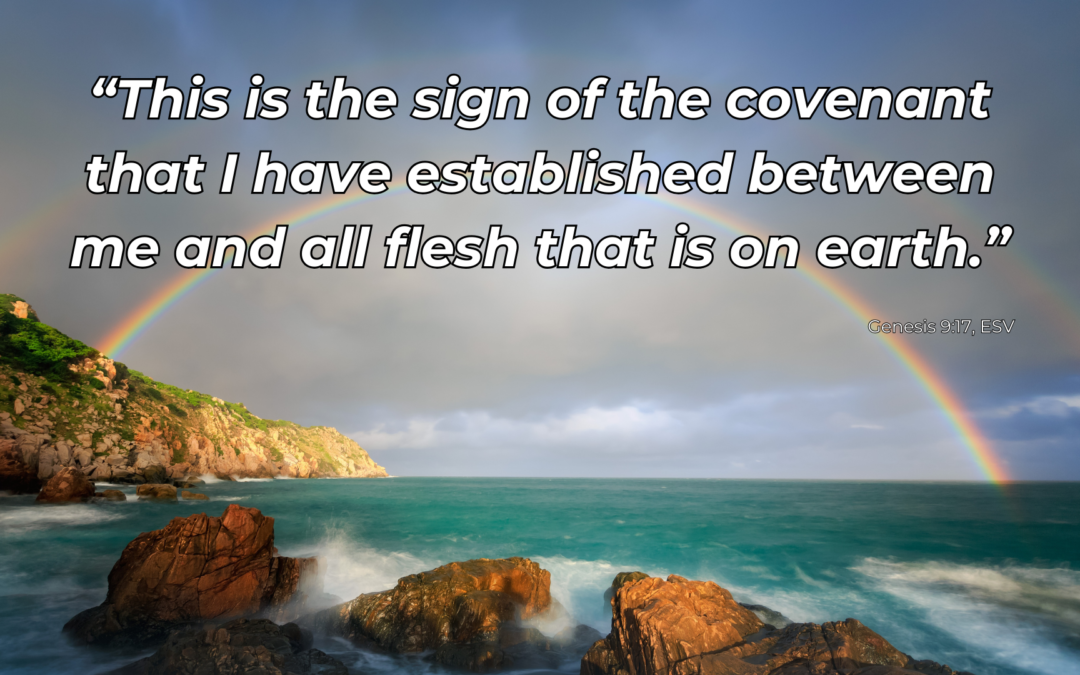 Text of Genesis 9:17 on a photo of a rainbow over water.