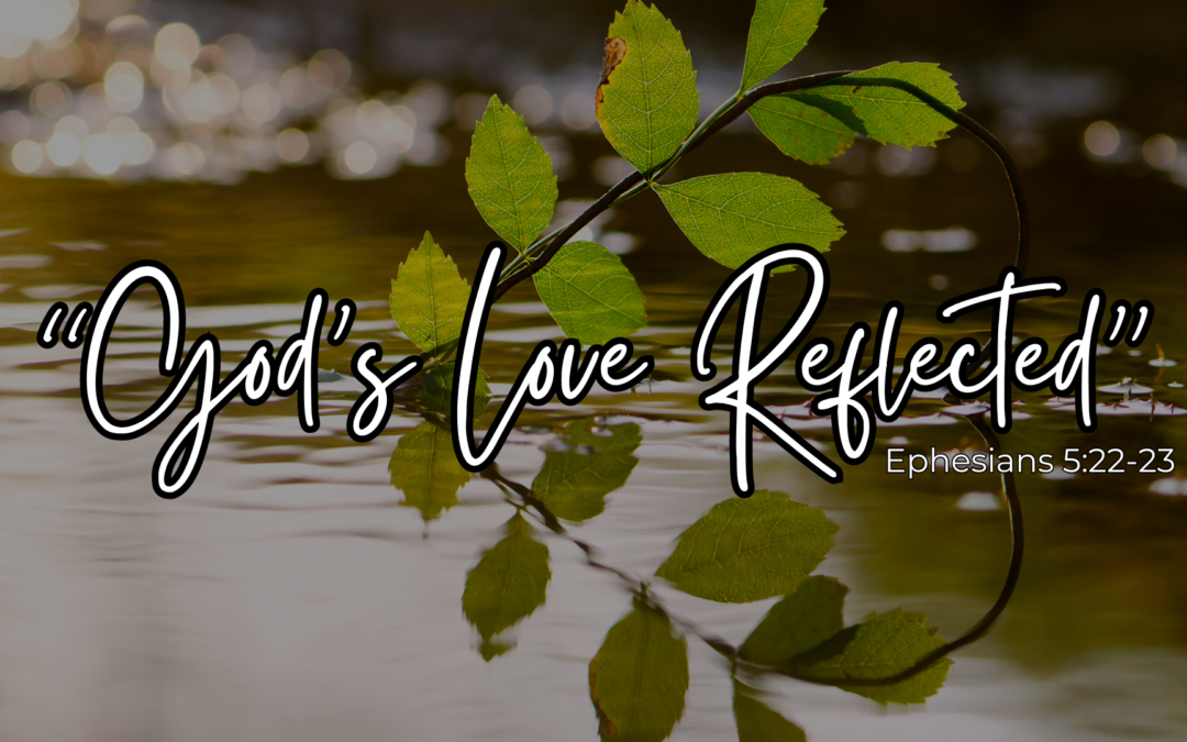 Text of "God's Love Reflected" over a photo of a branch reflected in water that forms a heart.