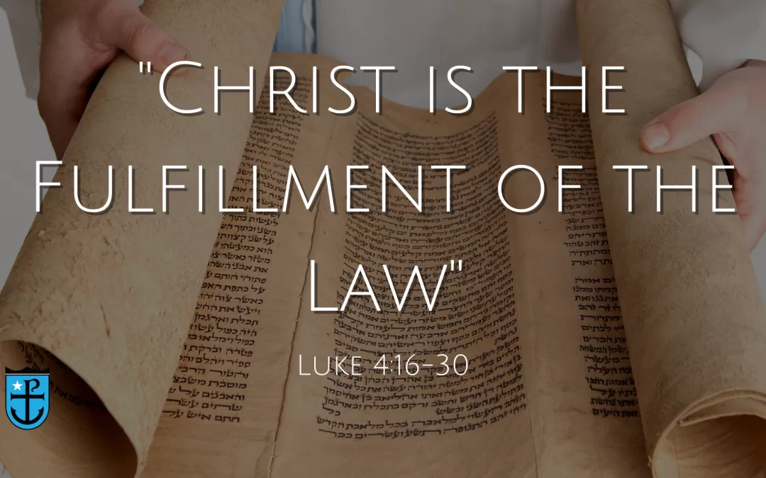 Sermon text of "Christ is the Fulfillment of the Law" overlaid over biblical looking scroll.